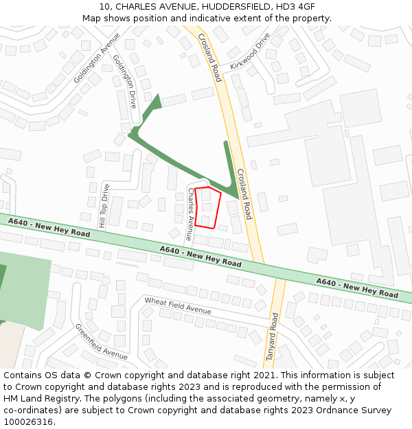 10, CHARLES AVENUE, HUDDERSFIELD, HD3 4GF: Location map and indicative extent of plot