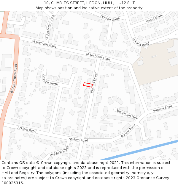 10, CHARLES STREET, HEDON, HULL, HU12 8HT: Location map and indicative extent of plot