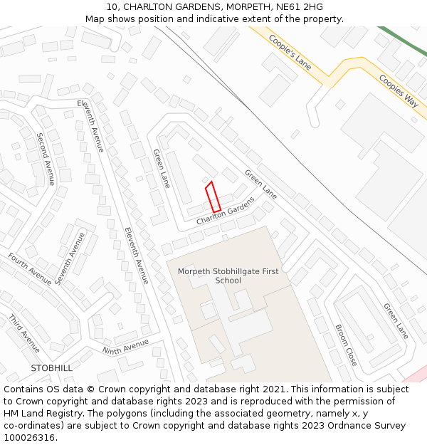 10, CHARLTON GARDENS, MORPETH, NE61 2HG: Location map and indicative extent of plot