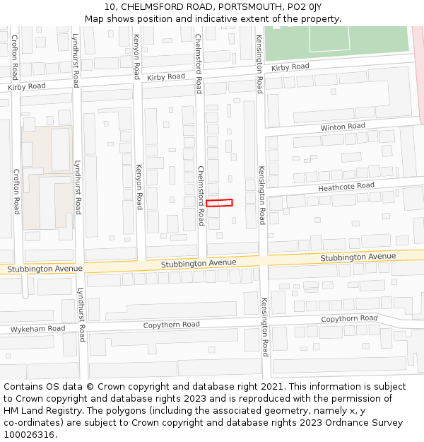 10, CHELMSFORD ROAD, PORTSMOUTH, PO2 0JY: Location map and indicative extent of plot