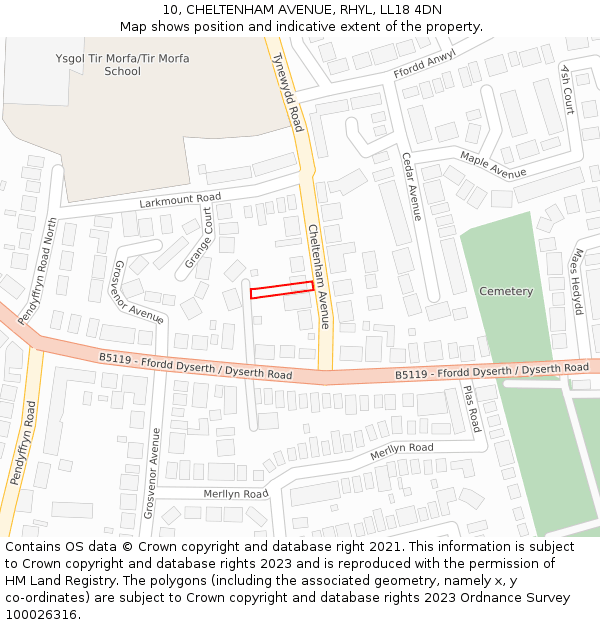 10, CHELTENHAM AVENUE, RHYL, LL18 4DN: Location map and indicative extent of plot