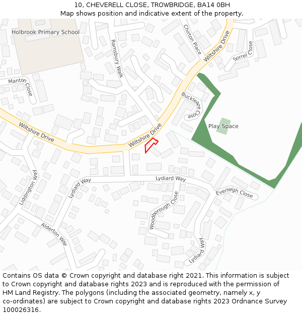 10, CHEVERELL CLOSE, TROWBRIDGE, BA14 0BH: Location map and indicative extent of plot