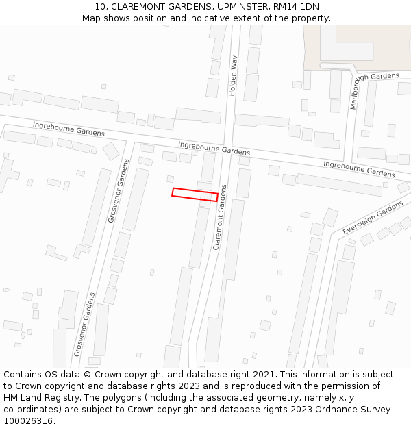 10, CLAREMONT GARDENS, UPMINSTER, RM14 1DN: Location map and indicative extent of plot