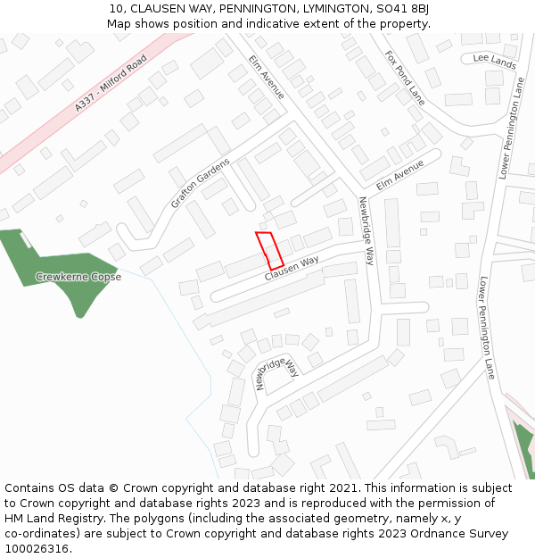 10, CLAUSEN WAY, PENNINGTON, LYMINGTON, SO41 8BJ: Location map and indicative extent of plot