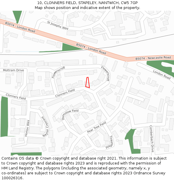 10, CLONNERS FIELD, STAPELEY, NANTWICH, CW5 7GP: Location map and indicative extent of plot