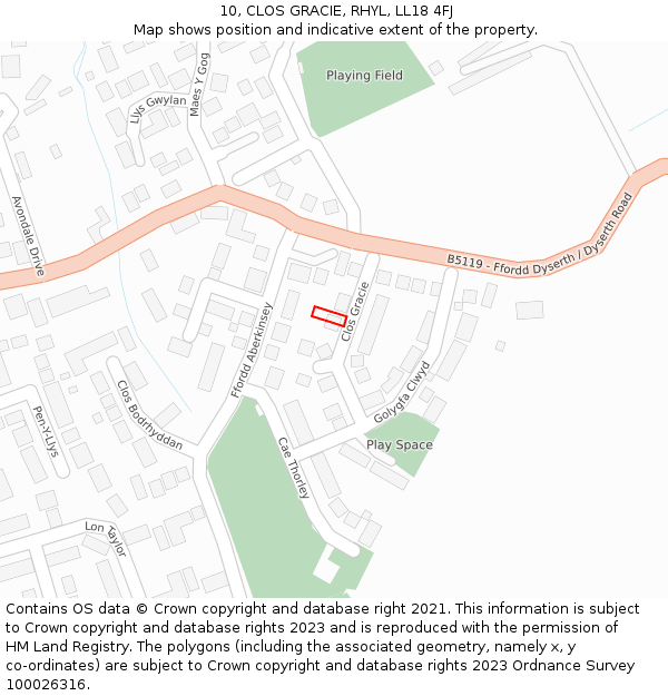 10, CLOS GRACIE, RHYL, LL18 4FJ: Location map and indicative extent of plot