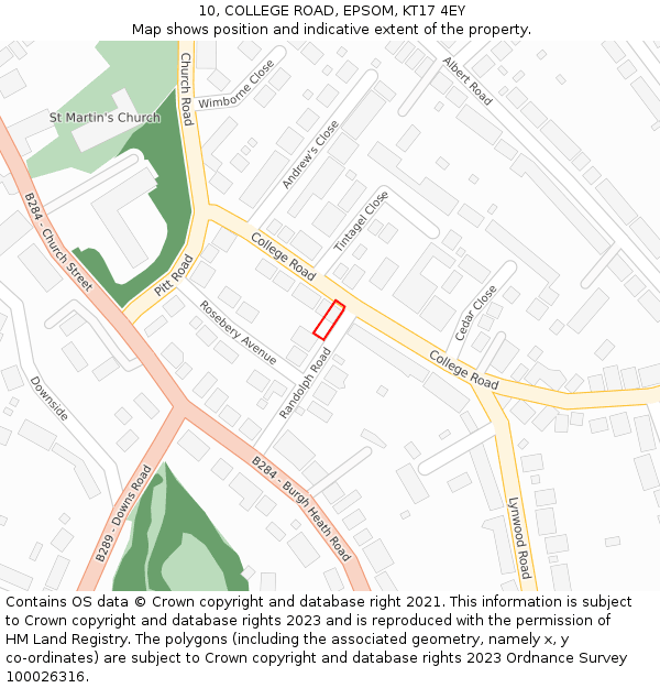 10, COLLEGE ROAD, EPSOM, KT17 4EY: Location map and indicative extent of plot