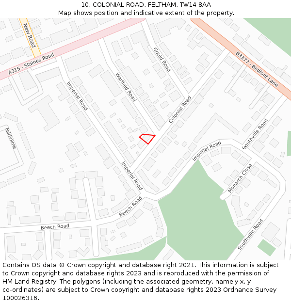10, COLONIAL ROAD, FELTHAM, TW14 8AA: Location map and indicative extent of plot