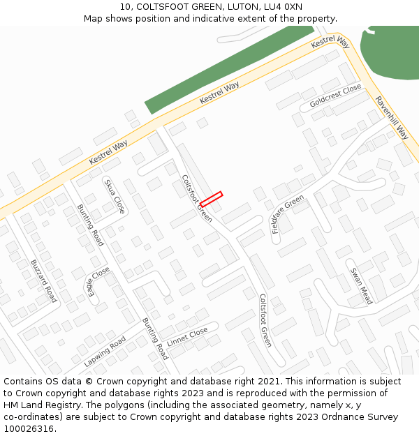 10, COLTSFOOT GREEN, LUTON, LU4 0XN: Location map and indicative extent of plot