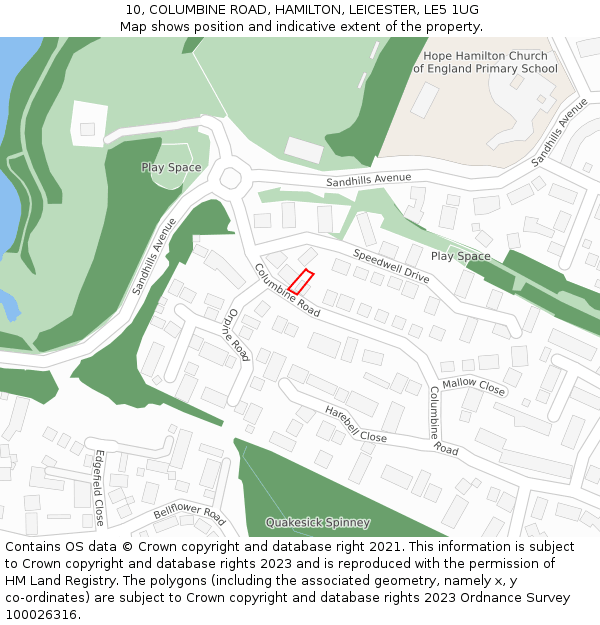 10, COLUMBINE ROAD, HAMILTON, LEICESTER, LE5 1UG: Location map and indicative extent of plot