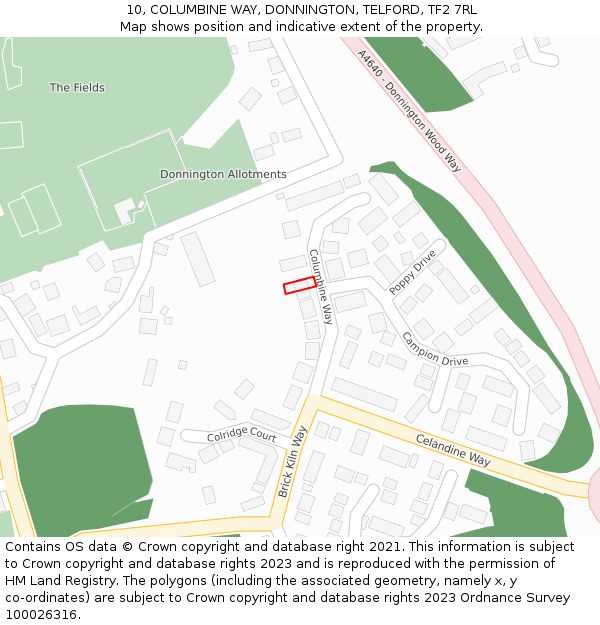 10, COLUMBINE WAY, DONNINGTON, TELFORD, TF2 7RL: Location map and indicative extent of plot