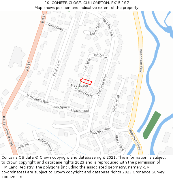 10, CONIFER CLOSE, CULLOMPTON, EX15 1SZ: Location map and indicative extent of plot