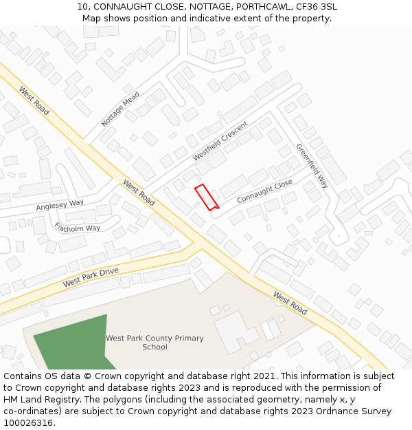 10, CONNAUGHT CLOSE, NOTTAGE, PORTHCAWL, CF36 3SL: Location map and indicative extent of plot