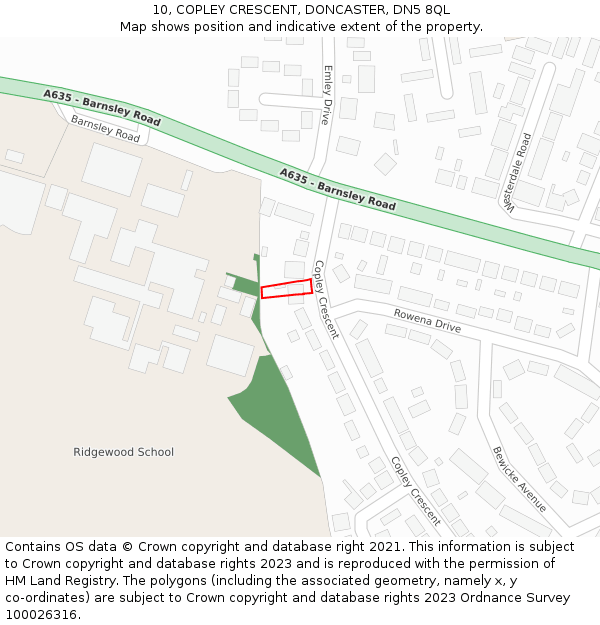 10, COPLEY CRESCENT, DONCASTER, DN5 8QL: Location map and indicative extent of plot