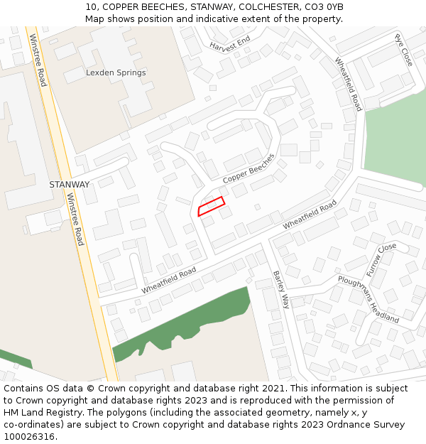 10, COPPER BEECHES, STANWAY, COLCHESTER, CO3 0YB: Location map and indicative extent of plot