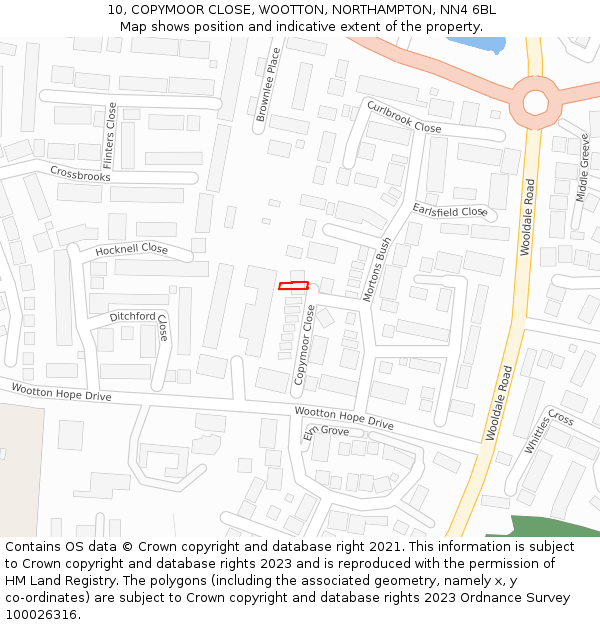 10, COPYMOOR CLOSE, WOOTTON, NORTHAMPTON, NN4 6BL: Location map and indicative extent of plot