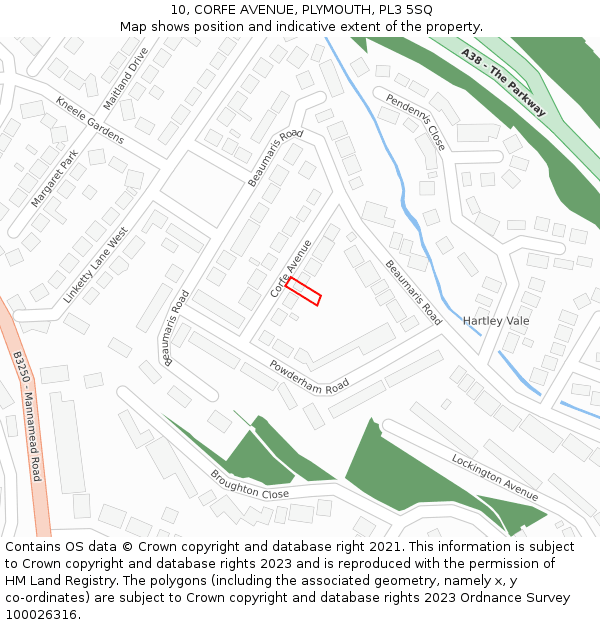 10, CORFE AVENUE, PLYMOUTH, PL3 5SQ: Location map and indicative extent of plot