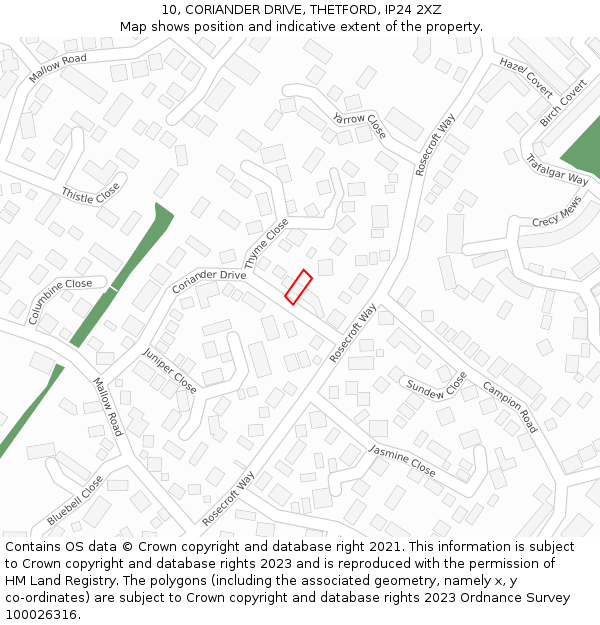 10, CORIANDER DRIVE, THETFORD, IP24 2XZ: Location map and indicative extent of plot