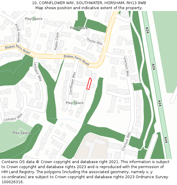 10, CORNFLOWER WAY, SOUTHWATER, HORSHAM, RH13 9WB: Location map and indicative extent of plot