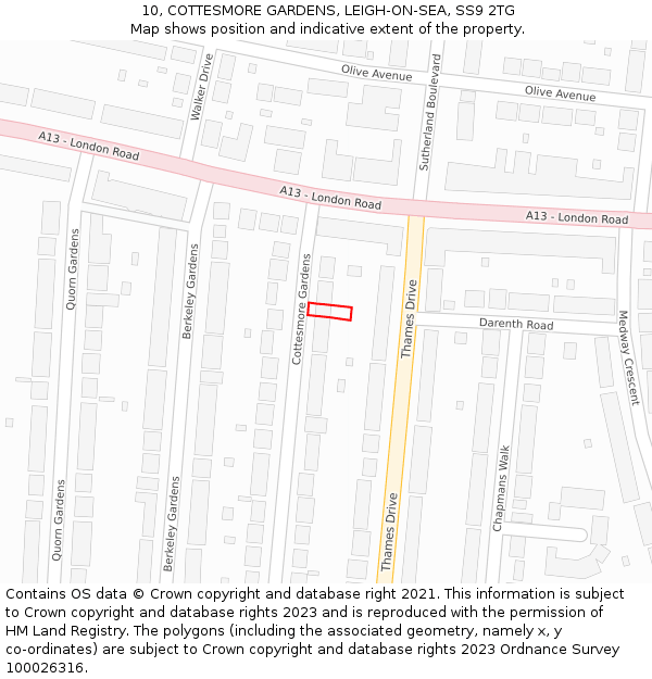 10, COTTESMORE GARDENS, LEIGH-ON-SEA, SS9 2TG: Location map and indicative extent of plot