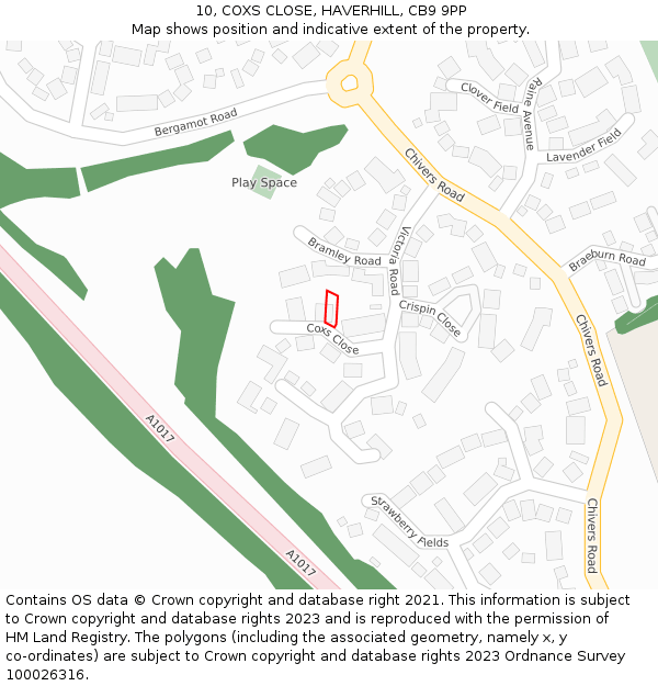 10, COXS CLOSE, HAVERHILL, CB9 9PP: Location map and indicative extent of plot