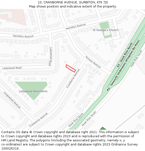 10, CRANBORNE AVENUE, SURBITON, KT6 7JS: Location map and indicative extent of plot