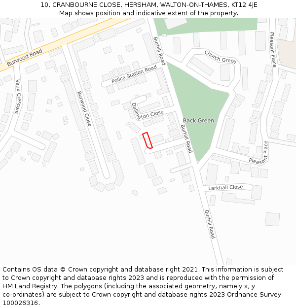 10, CRANBOURNE CLOSE, HERSHAM, WALTON-ON-THAMES, KT12 4JE: Location map and indicative extent of plot