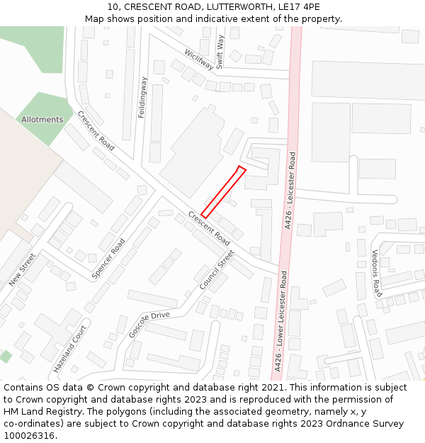 10, CRESCENT ROAD, LUTTERWORTH, LE17 4PE: Location map and indicative extent of plot