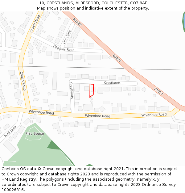 10, CRESTLANDS, ALRESFORD, COLCHESTER, CO7 8AF: Location map and indicative extent of plot