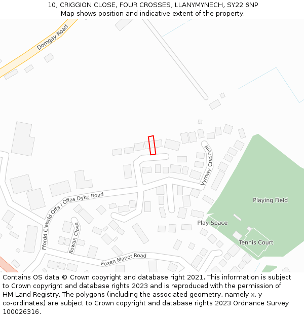 10, CRIGGION CLOSE, FOUR CROSSES, LLANYMYNECH, SY22 6NP: Location map and indicative extent of plot