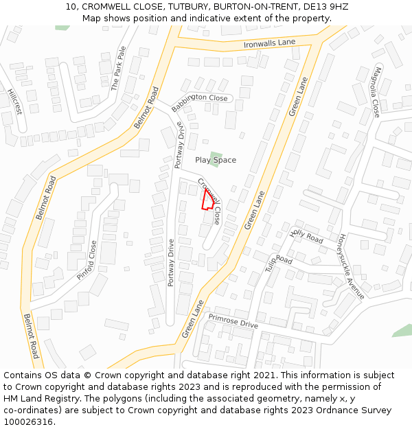 10, CROMWELL CLOSE, TUTBURY, BURTON-ON-TRENT, DE13 9HZ: Location map and indicative extent of plot