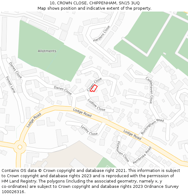 10, CROWN CLOSE, CHIPPENHAM, SN15 3UQ: Location map and indicative extent of plot