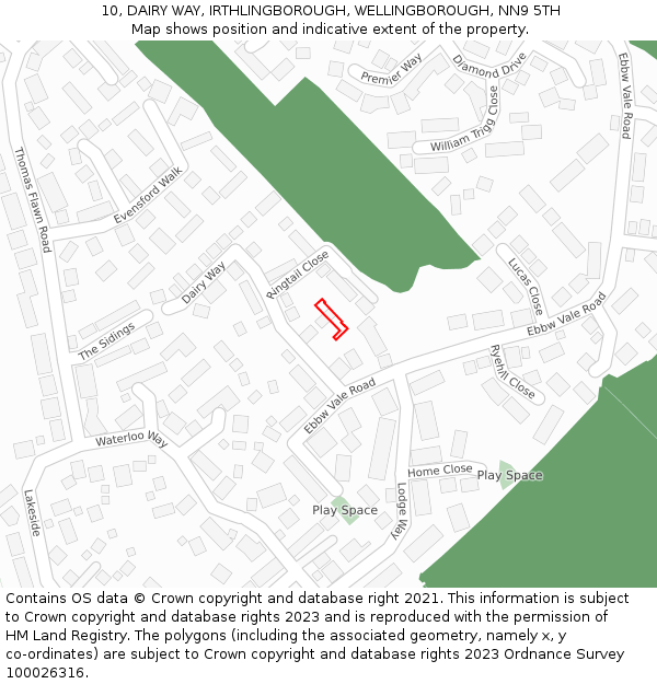 10, DAIRY WAY, IRTHLINGBOROUGH, WELLINGBOROUGH, NN9 5TH: Location map and indicative extent of plot