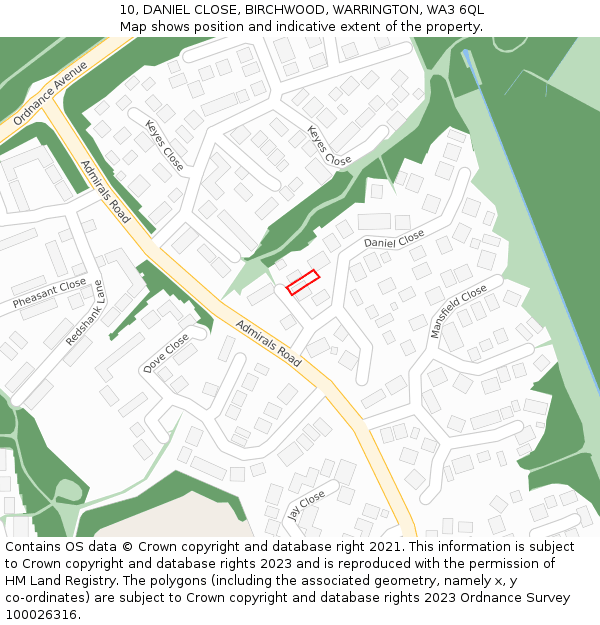 10, DANIEL CLOSE, BIRCHWOOD, WARRINGTON, WA3 6QL: Location map and indicative extent of plot