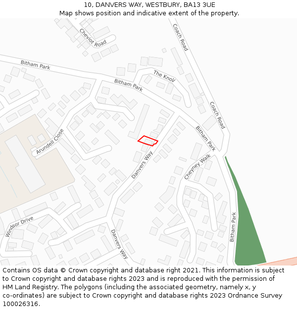 10, DANVERS WAY, WESTBURY, BA13 3UE: Location map and indicative extent of plot