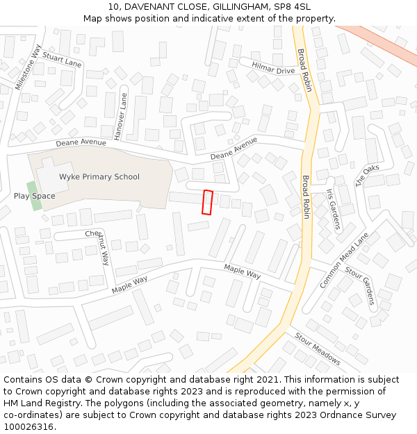 10, DAVENANT CLOSE, GILLINGHAM, SP8 4SL: Location map and indicative extent of plot