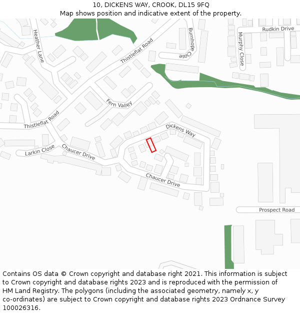 10, DICKENS WAY, CROOK, DL15 9FQ: Location map and indicative extent of plot