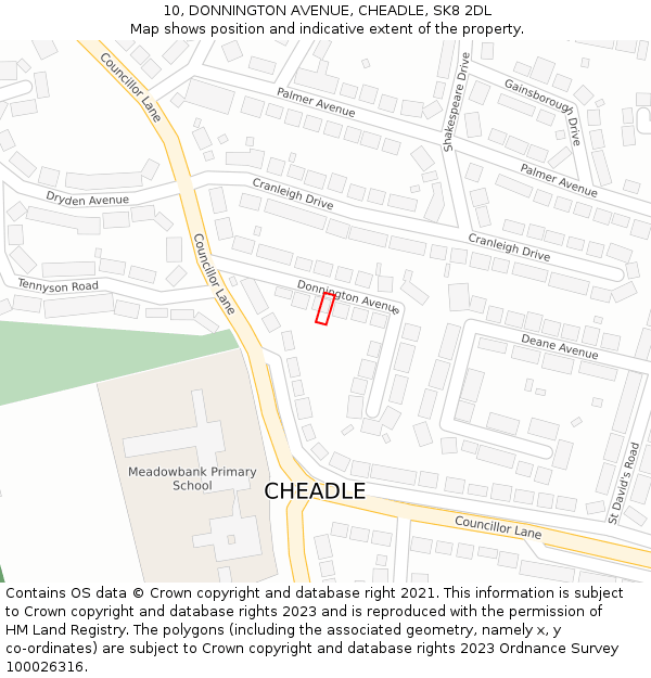 10, DONNINGTON AVENUE, CHEADLE, SK8 2DL: Location map and indicative extent of plot