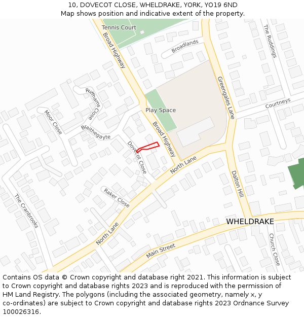 10, DOVECOT CLOSE, WHELDRAKE, YORK, YO19 6ND: Location map and indicative extent of plot