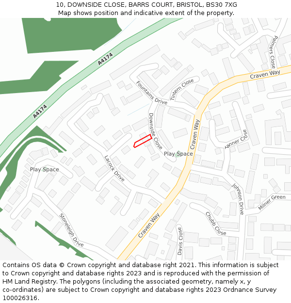 10, DOWNSIDE CLOSE, BARRS COURT, BRISTOL, BS30 7XG: Location map and indicative extent of plot