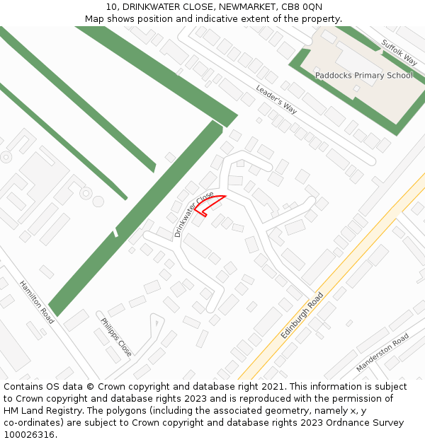 10, DRINKWATER CLOSE, NEWMARKET, CB8 0QN: Location map and indicative extent of plot