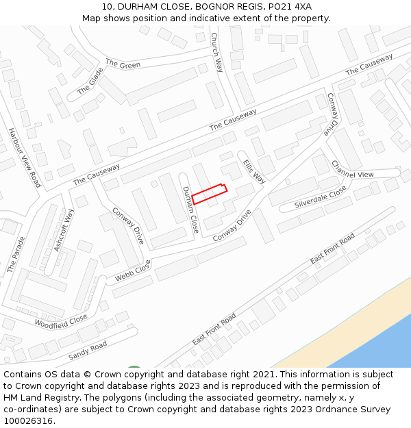 10, DURHAM CLOSE, BOGNOR REGIS, PO21 4XA: Location map and indicative extent of plot