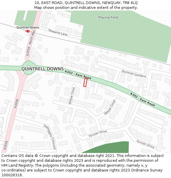 10, EAST ROAD, QUINTRELL DOWNS, NEWQUAY, TR8 4LQ: Location map and indicative extent of plot