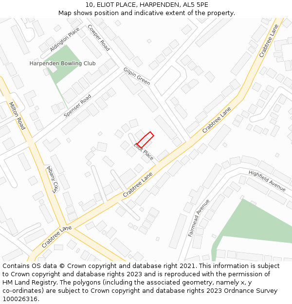 10, ELIOT PLACE, HARPENDEN, AL5 5PE: Location map and indicative extent of plot