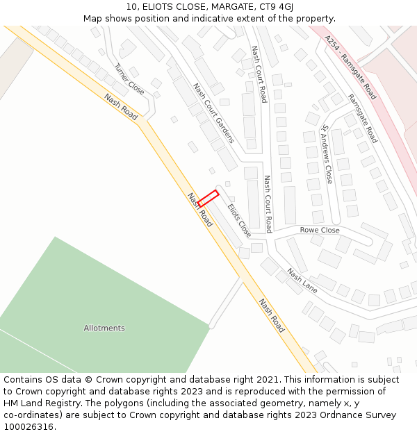 10, ELIOTS CLOSE, MARGATE, CT9 4GJ: Location map and indicative extent of plot