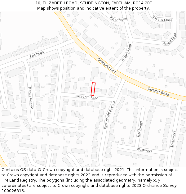 10, ELIZABETH ROAD, STUBBINGTON, FAREHAM, PO14 2RF: Location map and indicative extent of plot