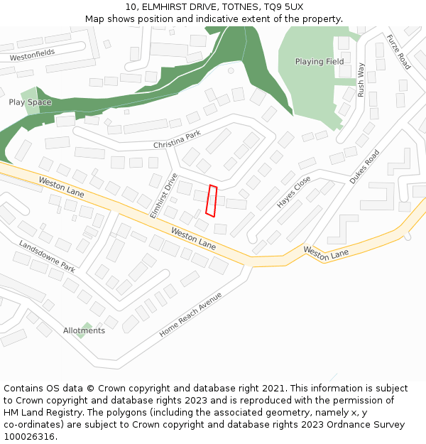 10, ELMHIRST DRIVE, TOTNES, TQ9 5UX: Location map and indicative extent of plot