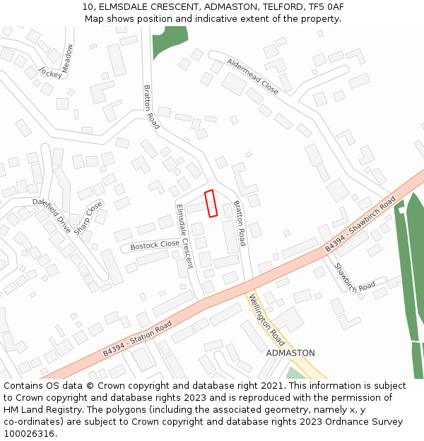 10, ELMSDALE CRESCENT, ADMASTON, TELFORD, TF5 0AF: Location map and indicative extent of plot