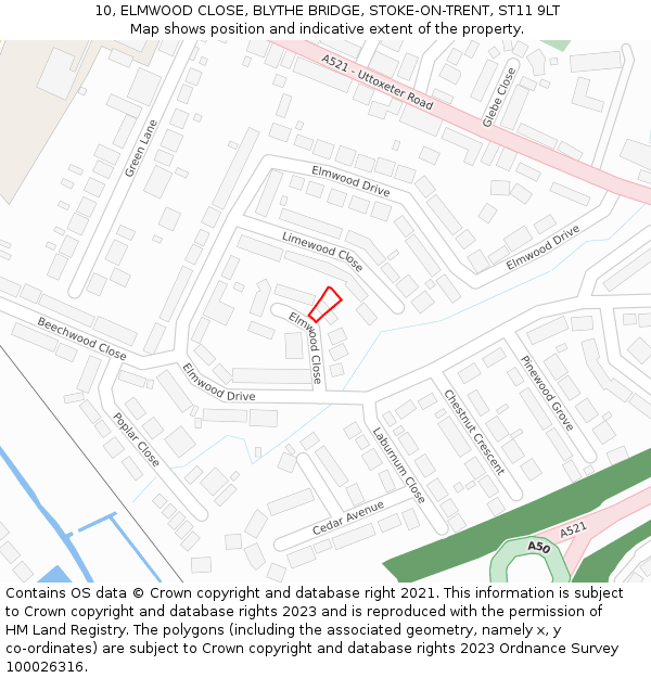 10, ELMWOOD CLOSE, BLYTHE BRIDGE, STOKE-ON-TRENT, ST11 9LT: Location map and indicative extent of plot