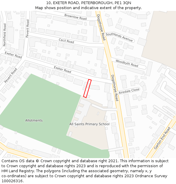 10, EXETER ROAD, PETERBOROUGH, PE1 3QN: Location map and indicative extent of plot